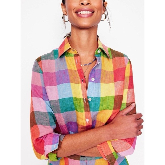 NWT Boden Sienna Colorful Linen Checkered Button Up Shirt Spring Coastal Prep 2R - Picture 5 of 16